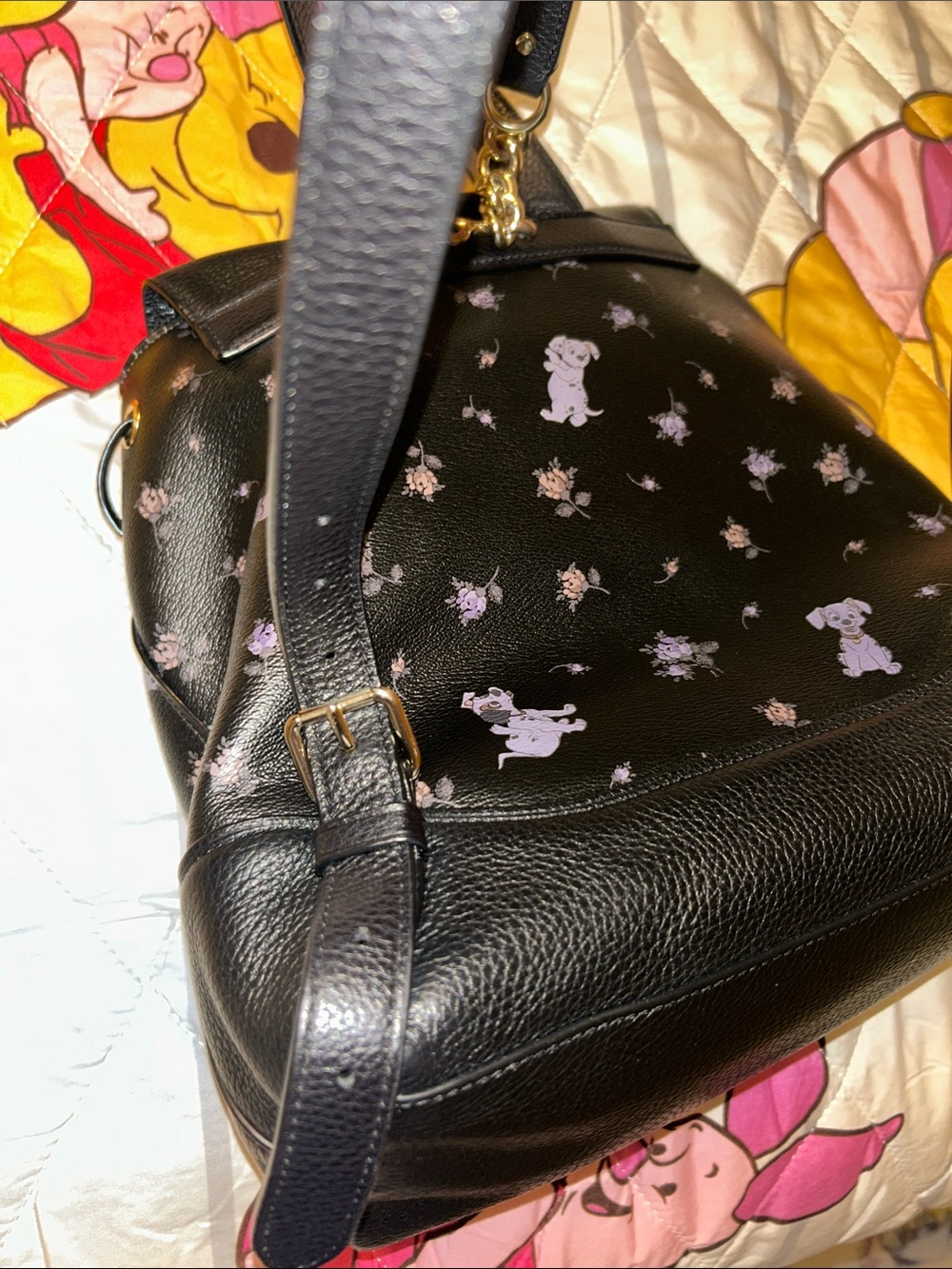 101 Dalmatian Coach Black Leather Backpack with Lavender & Floral Print - Picture 14 of 16